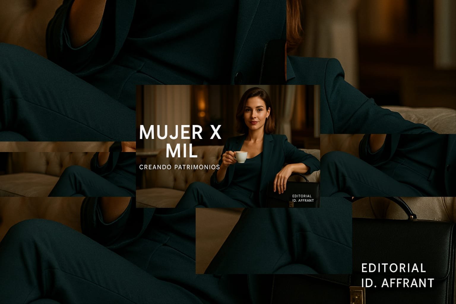 Mujer empresaria con traje verde oscuro sosteniendo una taza de café en un ambiente elegante.
